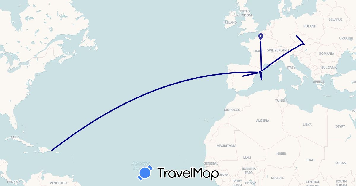 TravelMap itinerary: driving in Austria, Czech Republic, Dominican Republic, Spain, France, Slovakia (Europe, North America)